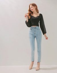 Sweetheart Neckline Transparent Peasant Sleeves Crop Top