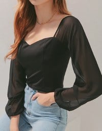 Sweetheart Neckline Transparent Peasant Sleeves Crop Top