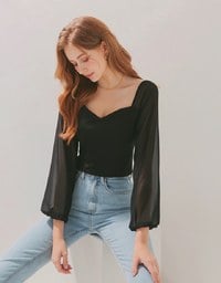 Sweetheart Neckline Transparent Peasant Sleeves Crop Top