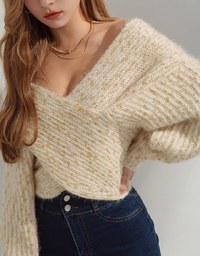 Soigné Off-Shoulder Gold Leaf Embellished Wrap Sweater