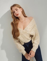 Soigné Off-Shoulder Gold Leaf Embellished Wrap Sweater