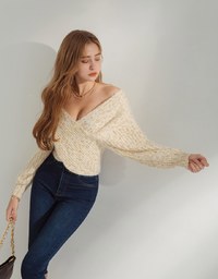 Soigné Off-Shoulder Gold Leaf Embellished Wrap Sweater