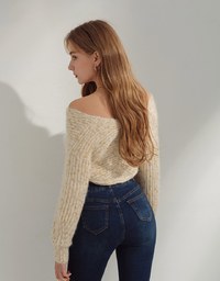 Soigné Off-Shoulder Gold Leaf Embellished Wrap Sweater