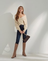 Soigné Off-Shoulder Gold Leaf Embellished Wrap Sweater