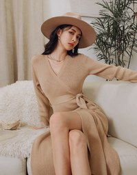 Minimalist Staple Wrap Slit Ribbed Midi Dress (With Belt)