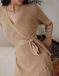 Minimalist Staple Wrap Slit Ribbed Midi Dress (With Belt)