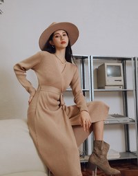 Minimalist Staple Wrap Slit Ribbed Midi Dress (With Belt)