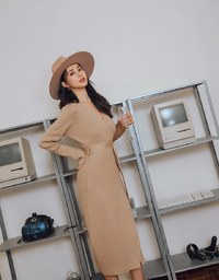 Minimalist Staple Wrap Slit Ribbed Midi Dress (With Belt)