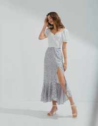 Ditsy Floral Layered Ruffled Slit Maxi Skirt