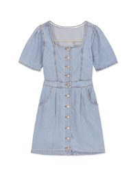 Back-Crossed Hollow Square-Necked Buttoned Denim Mini Dress