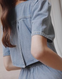 Back-Crossed Hollow Square-Necked Buttoned Denim Mini Dress