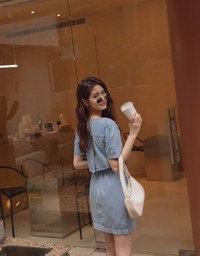 Back-Crossed Hollow Square-Necked Buttoned Denim Mini Dress