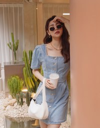 Back-Crossed Hollow Square-Necked Buttoned Denim Mini Dress