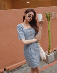 Back-Crossed Hollow Square-Necked Buttoned Denim Mini Dress