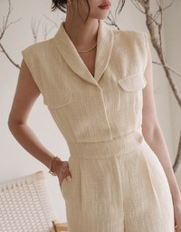 Edgy Smart Textured Lapel Jumpsuit With Shoulder Pads