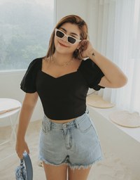 Retro Square Neck Puff Sleeves Crop Top