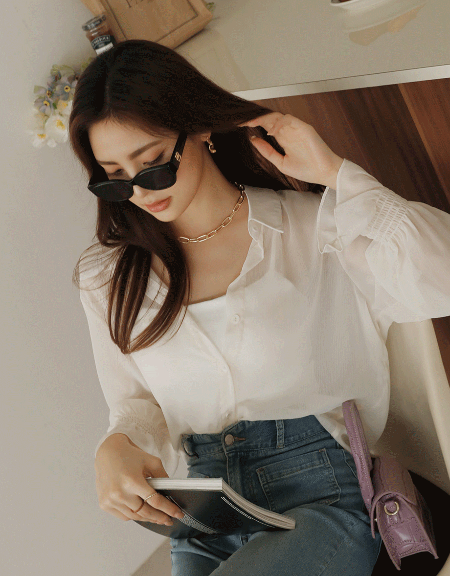 Sheer Chiffon Elastic Sleeve Blouse