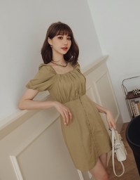 Square Neck Front Zipper Puff Sleeve Mini Dress