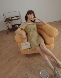 Square Neck Front Zipper Puff Sleeve Mini Dress
