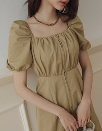 Square Neck Front Zipper Puff Sleeve Mini Dress