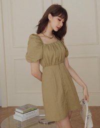 Square Neck Front Zipper Puff Sleeve Mini Dress