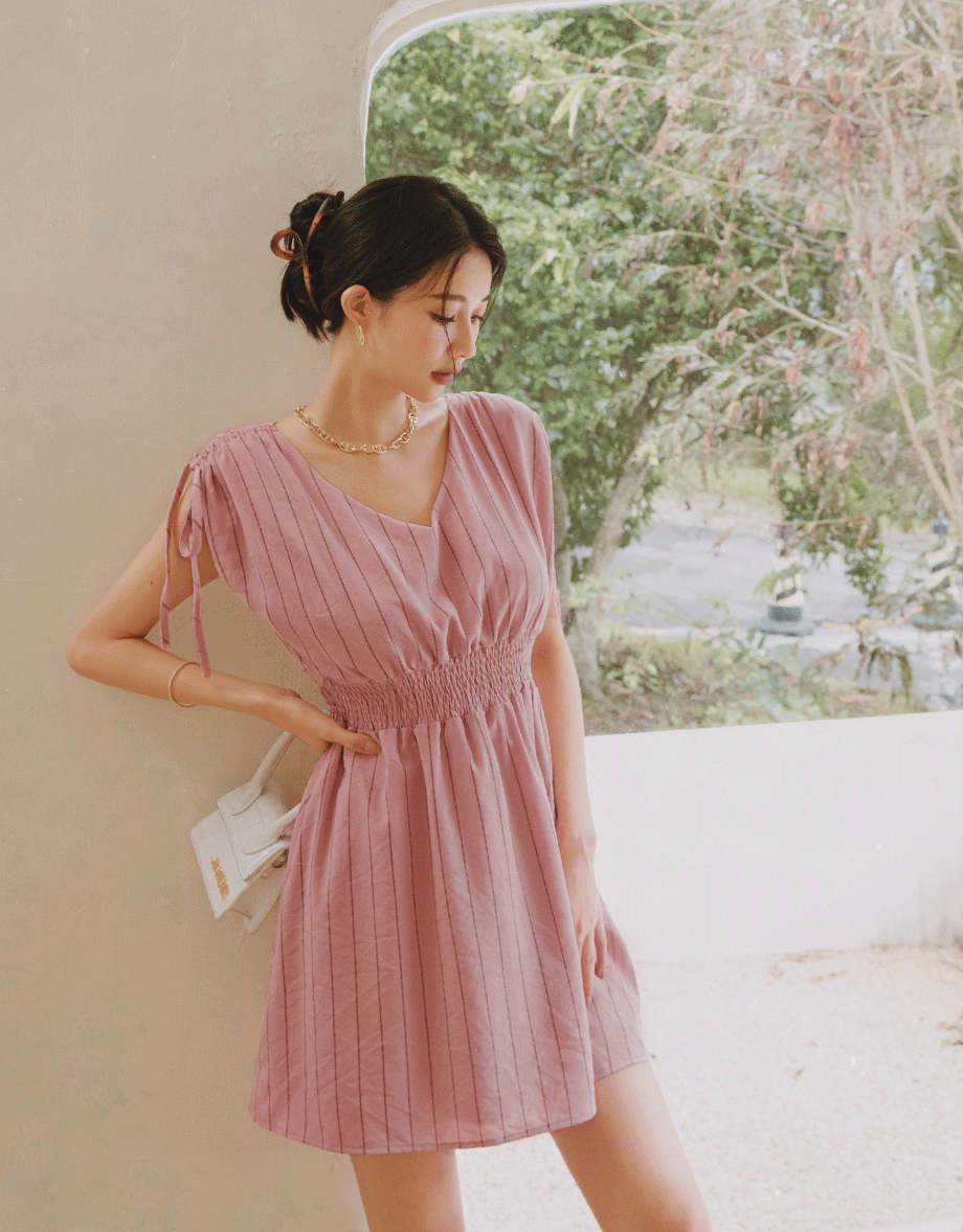 Shoulder Drawstring Striped Mini Dress