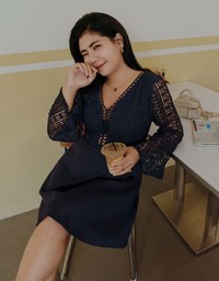 V-Neck Translucent Lace Wide Sleeve Mini Dress