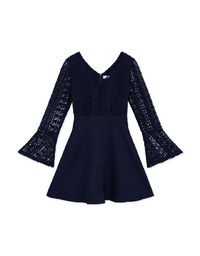 V-Neck Translucent Lace Wide Sleeve Mini Dress
