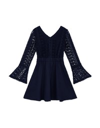 V-Neck Translucent Lace Wide Sleeve Mini Dress