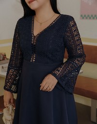 V-Neck Translucent Lace Wide Sleeve Mini Dress