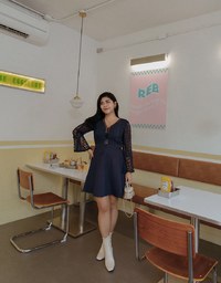 V-Neck Translucent Lace Wide Sleeve Mini Dress