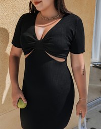 Hollow Wrinkled Side Slits Ribbed Mini Dress