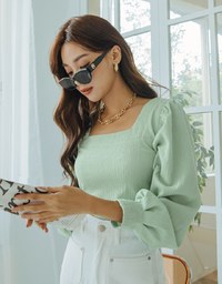Square-Neck Puff-Sleeve Embossed Top