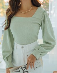 Square-Neck Puff-Sleeve Embossed Top