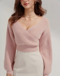 Overlapped V Neck Short Sleeve Knit Crop Top