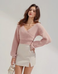 Overlapped V Neck Short Sleeve Knit Crop Top