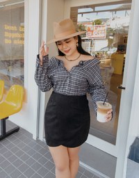 Plaid Strapless Button-Down Suede Mini Dress