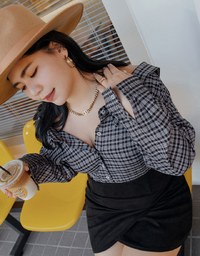 Plaid Strapless Button-Down Suede Mini Dress