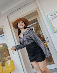 Plaid Strapless Button-Down Suede Mini Dress