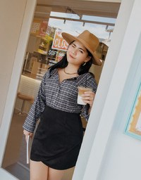Plaid Strapless Button-Down Suede Mini Dress