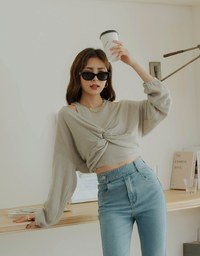 Twisted Puff Sleeve Knitted Two Piece Top