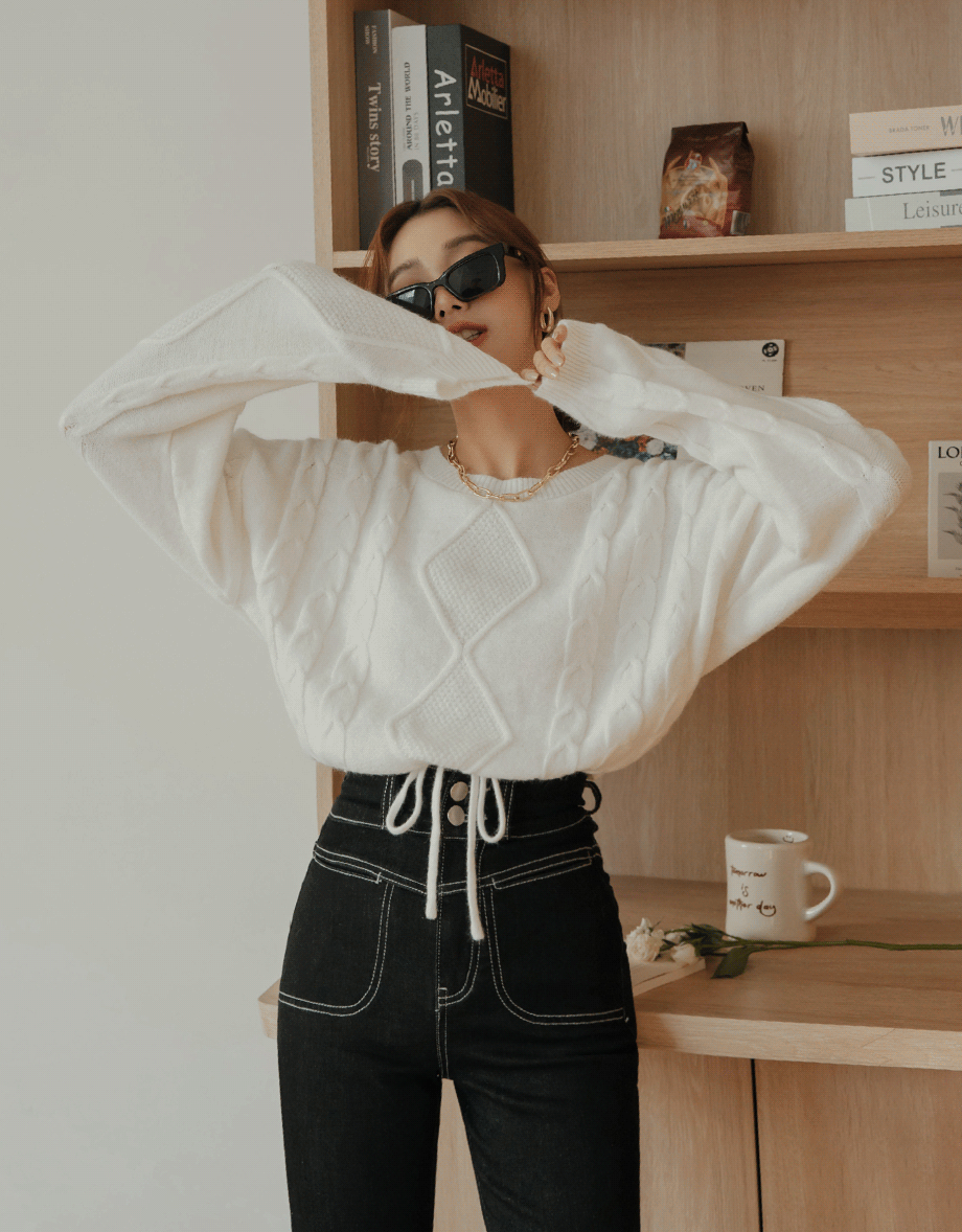 Round Neck Tie Up Twist Knit Crop Top