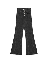 Buttoned Distressed Hem Denim Flared Pants