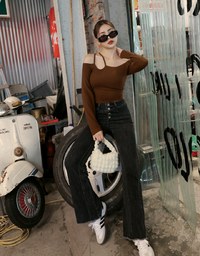 Buttoned Distressed Hem Denim Flared Pants