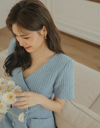 Waffle V Neck Double Breasted Mini Dress