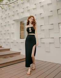 High Waist Elastic Side Slit Long Skirt