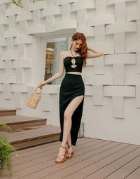 High Waist Elastic Side Slit Long Skirt