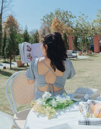 Peach Heart Neck Puffed Sleeves Strap Mini Dress (With Chest Pad)