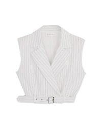 Open Collar Striped Belted Suit Top (With Shoulder Pads)