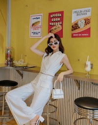 Open Collar Striped Belted Suit Top (With Shoulder Pads)